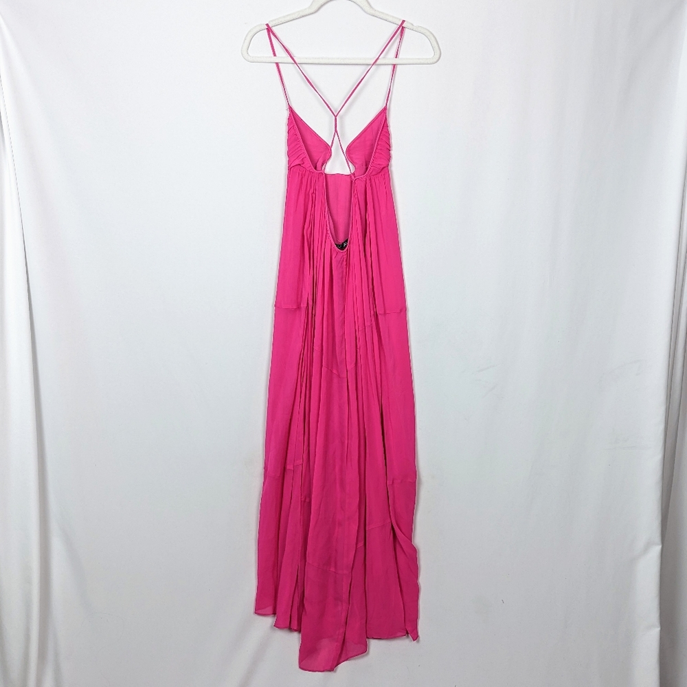 ZARA sz XS LIMITED Fuchsia Pink Voluminous Chiffon Maxi Cutout Open Back Dress - Picture 13 of 16